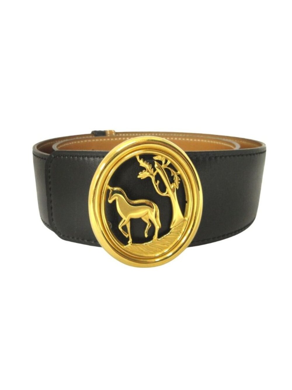 Hermes Horse Buckle Reversible Belt Vintage Black Brown Gold